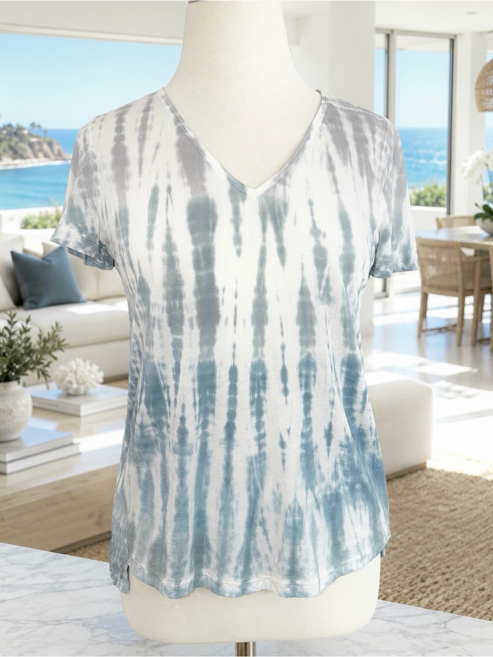 NEW XCVI Blue Gray Tie Dye V-Neck Hi-Low Linen Back Top NWOT S